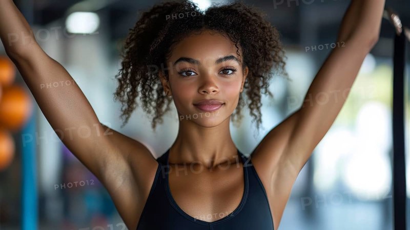 A confident woman in a fitness setting, wearing a black tank top with natural light highlighting her focused expression and curly hair, AI generated