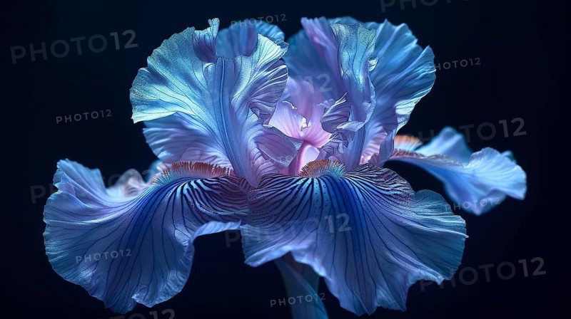 Blue iris flower with an ethereal glow, detailed petals covered in water droplets, AI generated