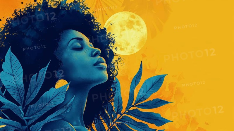 A blue-skinned woman with leaves and a full moon against a yellow background, AI generated