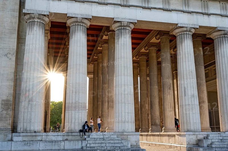 Propylaea with Sun Star, City Gate at Königsplatz, Kunstareal Munich, Munich, Bavaria, Germany, Europe