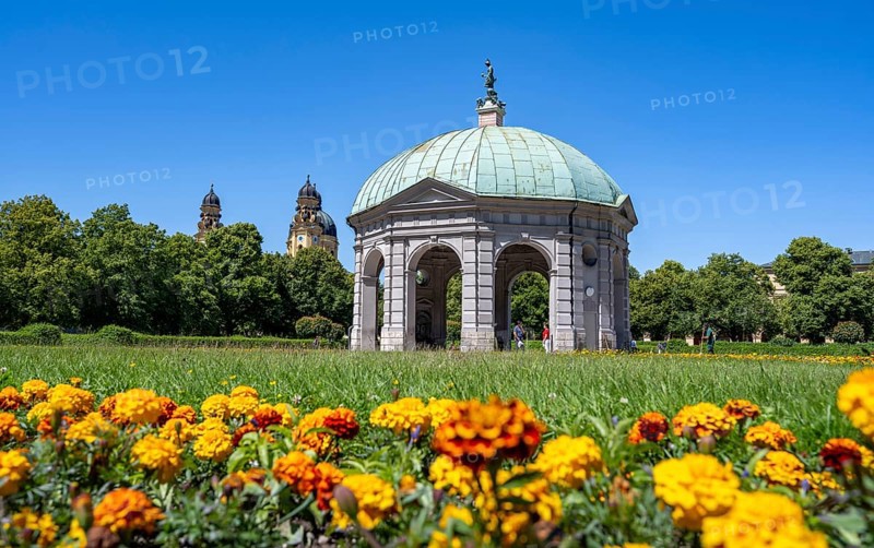 Diana Temple in the Hofgarten with yellow flowers and Theatine Church, Old Town, Munich, Upper Bavaria, Bavaria