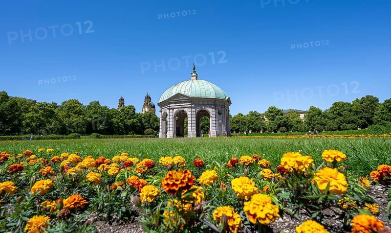 Diana Temple in the Hofgarten with yellow flowers and Theatine Church, Old Town, Munich, Upper Bavaria, Bavaria