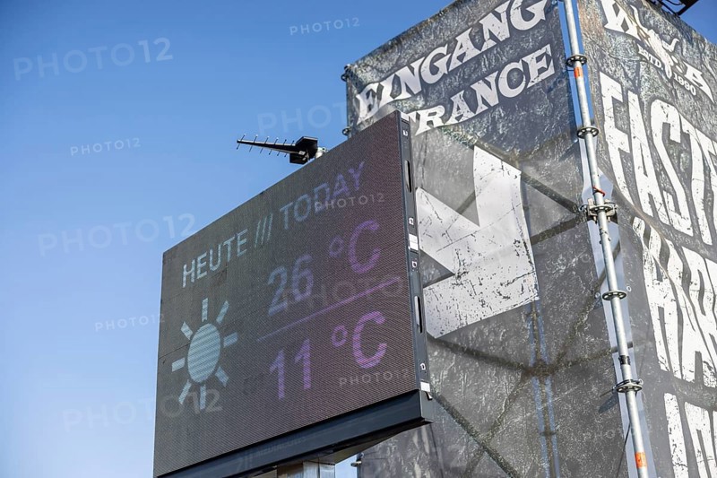 A temperature display shows 26Â°C at the entrance area of the Wacken Open Air in Wacken. The traditional metal festival takes place from 31 July to 2 August 2024