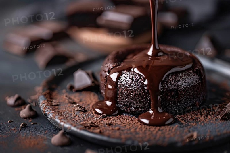 Chocolate lava cake on dark background. Generative AI, AI generated