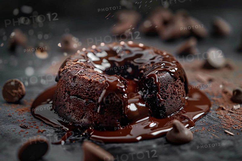 Small Chocolate lava cake on dark background. Generative AI, AI generated