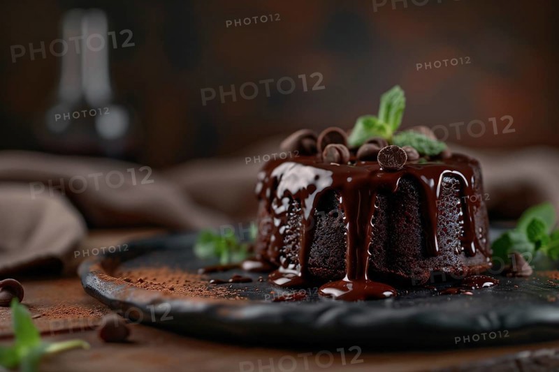 Small Chocolate lava cake with mint leaves on dark background. Generative AI, AI generated