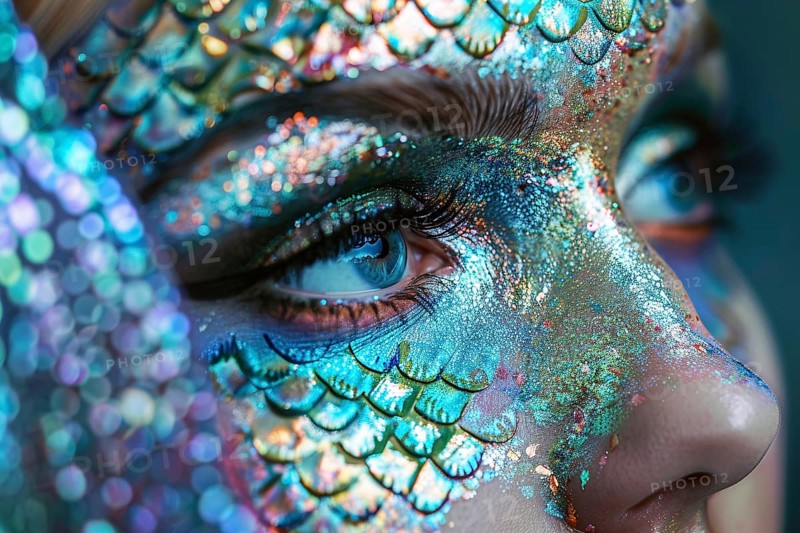 Close up of woman's beautiful mermaid Halloween costume makeup with fish scales. Generative AI, AI generated