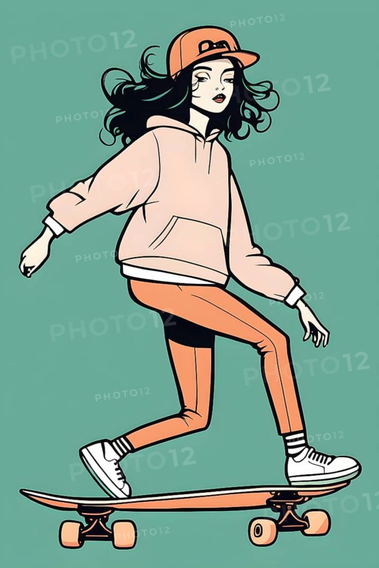 Female skateboarder in a retro design minimalist line art illustration, AI generated