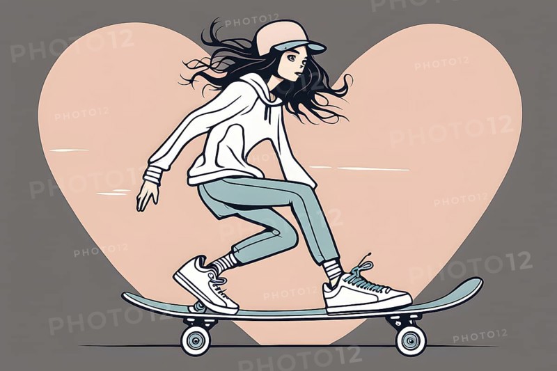 Female skateboarder in a retro design minimalist line art illustration, AI generated
