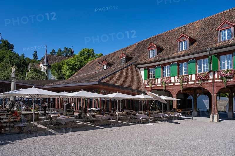 Outdoor catering at the Kornschütte, historic half-timbered building, Ittingen Charterhouse, Warth-Weiningen near Frauenfeld, Canton Thurgau, Switzerland, Europe