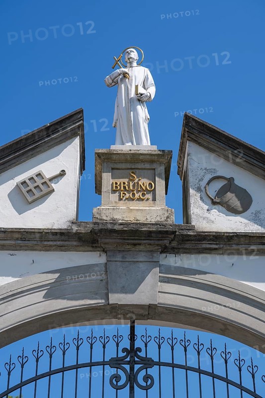 Statue of Bruno of Cologne, founder of the Carthusian Order, on the archway of the lower entrance to Ittingen Charterhouse, Warth-Weiningen near Frauenfeld, Canton Thurgau, Switzerland, Europe