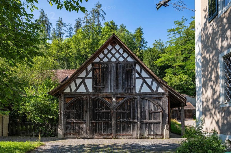 Old barn and tool shed, half-timbered building, Ittingen Charterhouse, Warth-Weiningen near Frauenfeld, Canton Thurgau, Switzerland, Europe