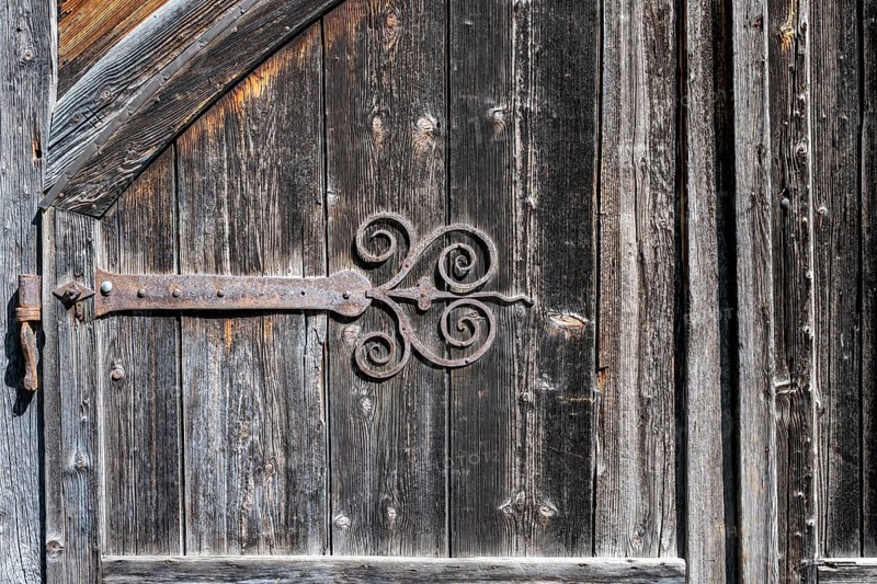 Old, hand-forged iron door fitting on a wooden gate, Ittingen Charterhouse, Warth-Weiningen near Frauenfeld, Canton Thurgau, Switzerland, Europe