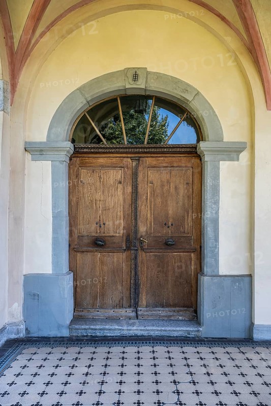 Old, wooden front door from the priory, Ittingen Charterhouse, Warth-Weiningen near Frauenfeld, Canton Thurgau, Switzerland, Europe