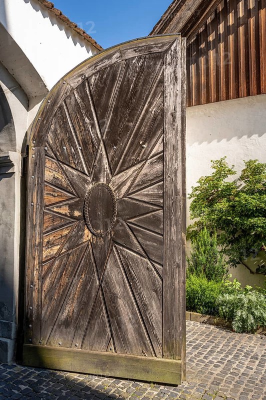 Artfully decorated wooden door, portal, Ittingen Charterhouse, Warth-Weiningen near Frauenfeld, Canton Thurgau, Switzerland, Europe