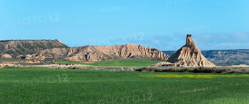 A unique rock formation rises in a green and dry landscape under a clear sky, rock formation under a blue sky, Castildetierra rock on the right, Bardenas Reales Natural Park, desert, semi-desert, Navarre, Nafarroa, UNESCO Biosphere Reserve, Spain, Europe