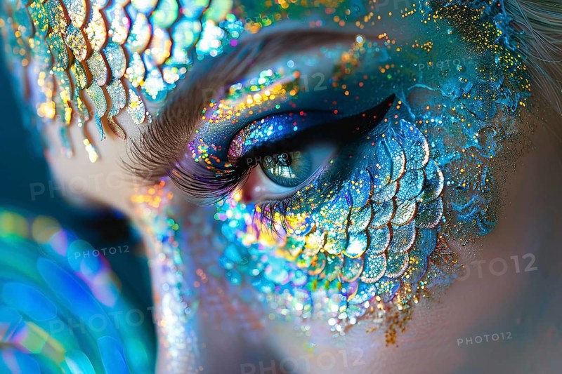Close up of woman's beautiful eye with mermaid Halloween costume makeup. Generative AI, AI generated