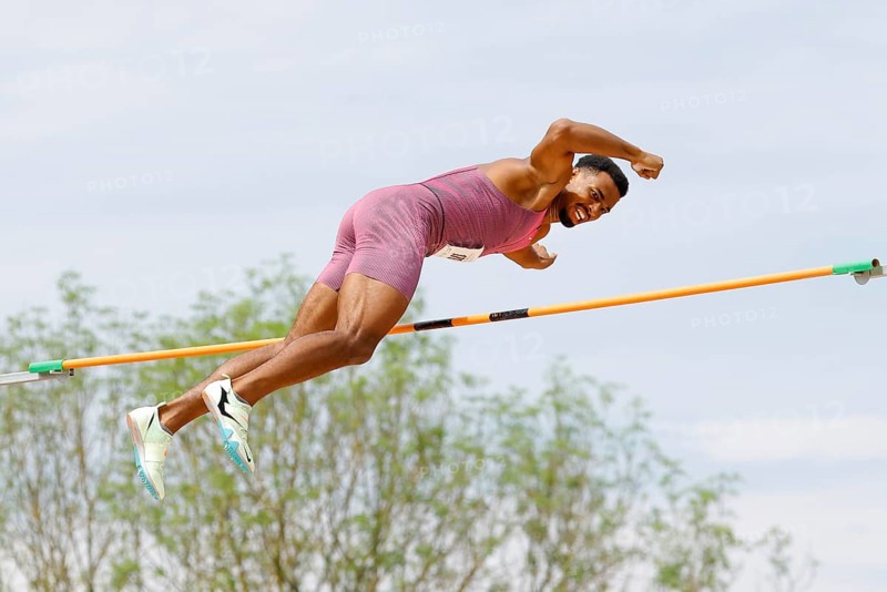 Leo Neugebauer, German decathlete and Paris 2024 Olympic participant, during a triple competition as part of the Thorpe Cup 2024, pole vault, during his jump to a personal best of 5.30 metres, Wetzlar, Hesse