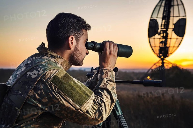 Man in military uniform using binoculars at sunset, with a radar in the background, AI generated, AI generated