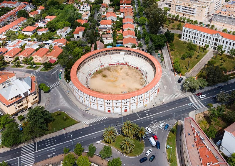 Aerial view of a historic bullring with red roofs, embedded in a town, surrounded by streets, houses and green areas, aerial view, bullring, Caceres, Caceres, Caçris, Extremadura, Spain, Europe