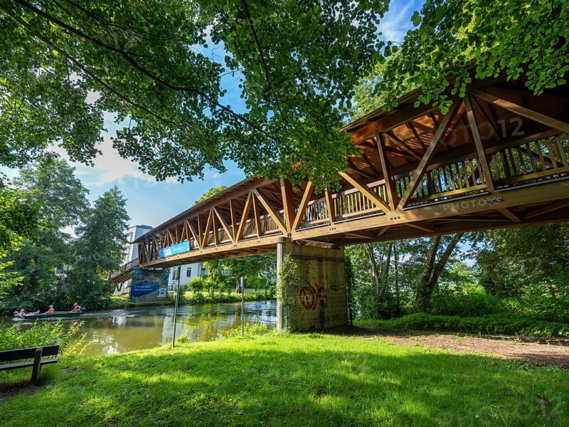Covered wooden bridge, Baalensee bridge over the Havel between Schwedtsee and Baalensee, panoramic photo, Fürstenberg/Havel, Brandenburg, Germany, Europe