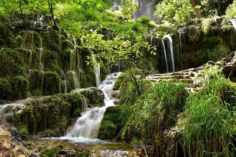 Waterfall at the Brühlbach stream in Bad Urach in the Swabian Alb, Baden-Württemberg, Germany, Europe