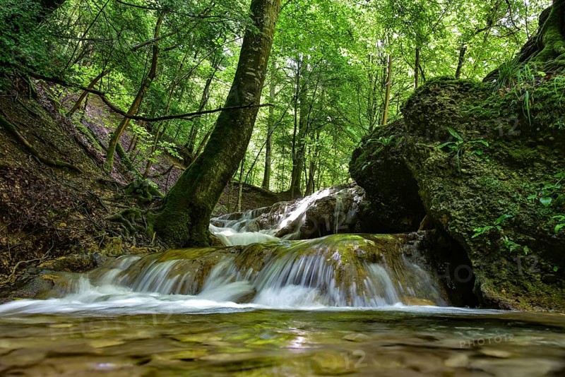 Waterfall at the Brühlbach stream in Bad Urach in the Swabian Alb, Baden-Württemberg, Germany, Europe
