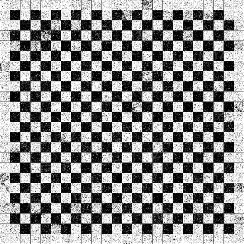 Checkerboard pattern with black and white tiles creating a symmetrical grid with a vintage, textured appearance