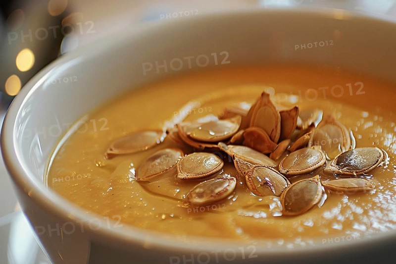 Close up of creamy pumpkin soup with seeds. Generative Ai, AI generated