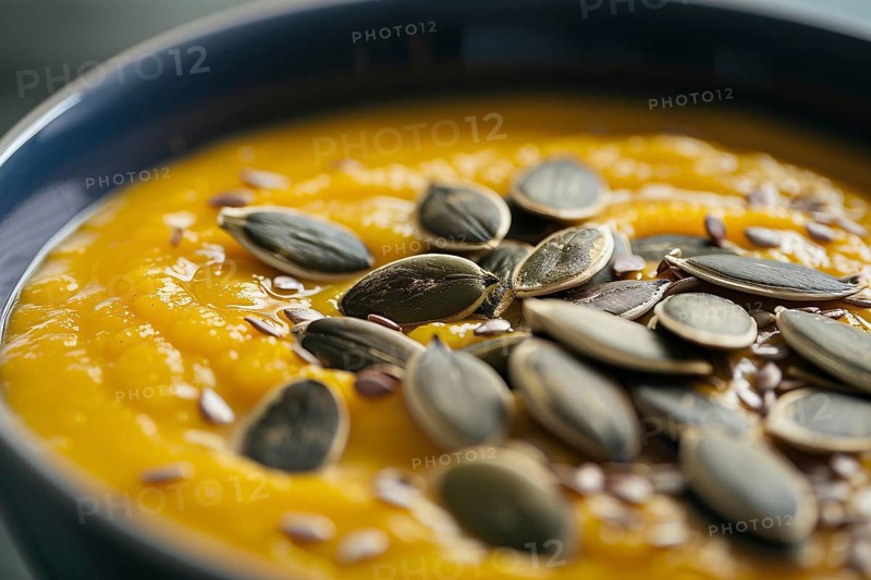 Close up of seasonal pumpkin soup with seeds. Generative Ai, AI generated
