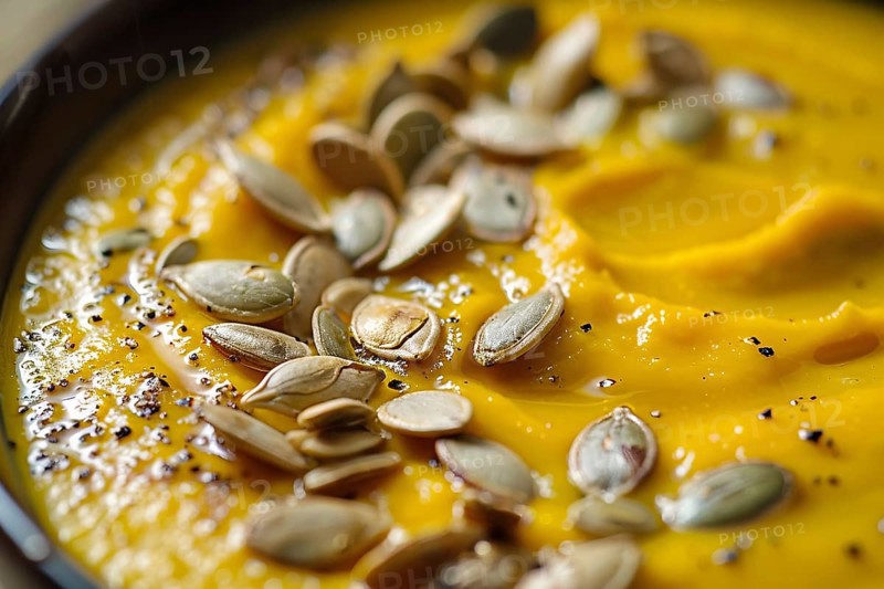 Close up of creamy pumpkin soup with seeds. Generative Ai, AI generated