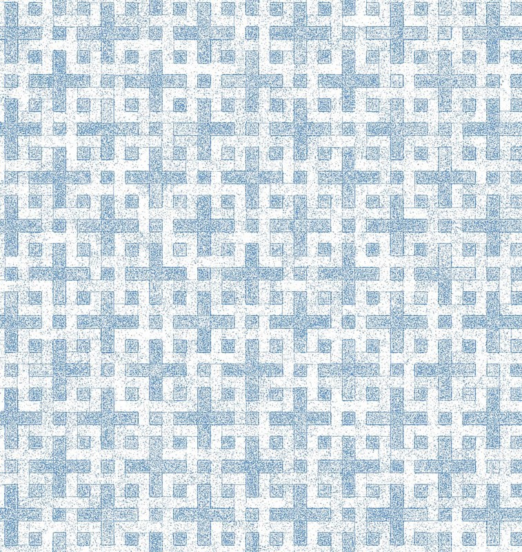 A geometric pattern featuring blue crosses on a white background, creating a textured, minimalistic mosaic appearance