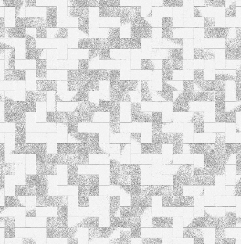 Abstract geometric pattern with gray and white rectangular tiles arranged in a mosaic
