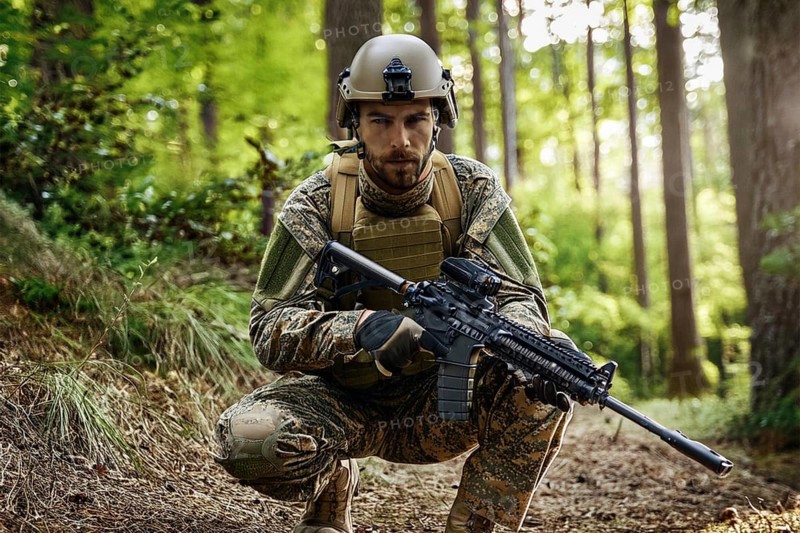Soldier in uniform and helmet holding a weapon and crouching in the forest in the sunlight, AI generated, AI generated