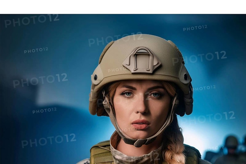 Portrait of a woman in military uniform and helmet in front of a blurred blue background, AI generated, AI generated