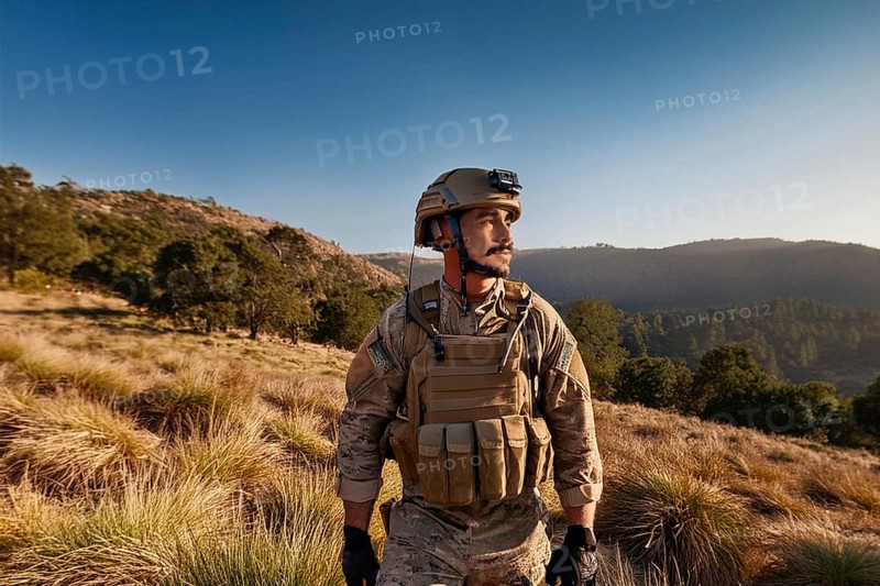 Soldier in uniform and helmet stands in a hilly landscape under a blue sky, AI generated, AI generated