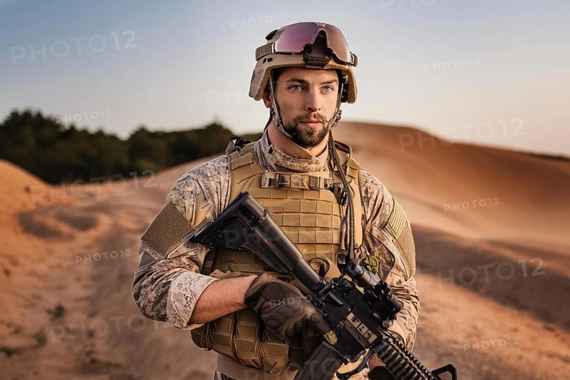 A soldier in uniform and helmet with a weapon stands in a sandy desert landscape at sunset, AI generated, AI generated