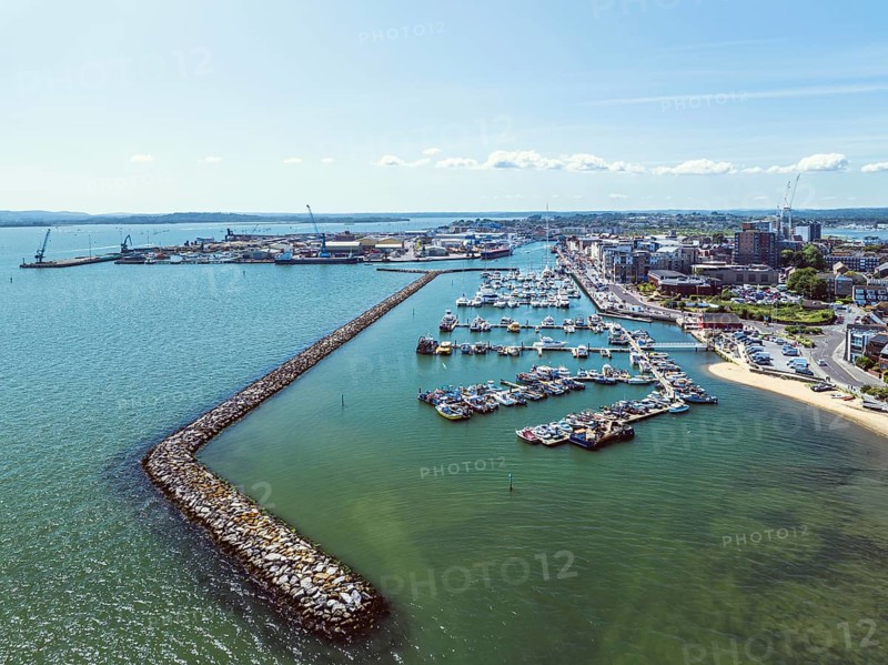Harbour and Marina over Poole Quay from a drone, Poole, Dorset, England, United Kingdom, Europe