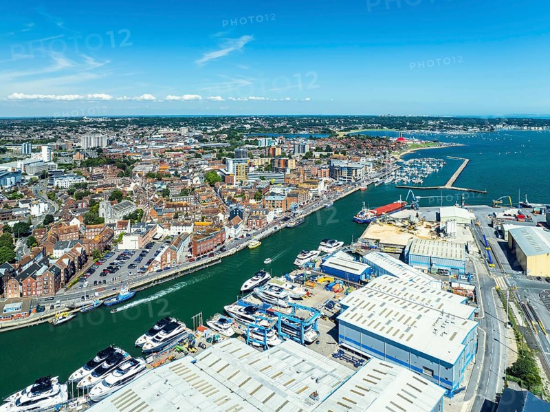 Harbour and Marina over Poole Quay from a drone, Poole, Dorset, England, United Kingdom, Europe