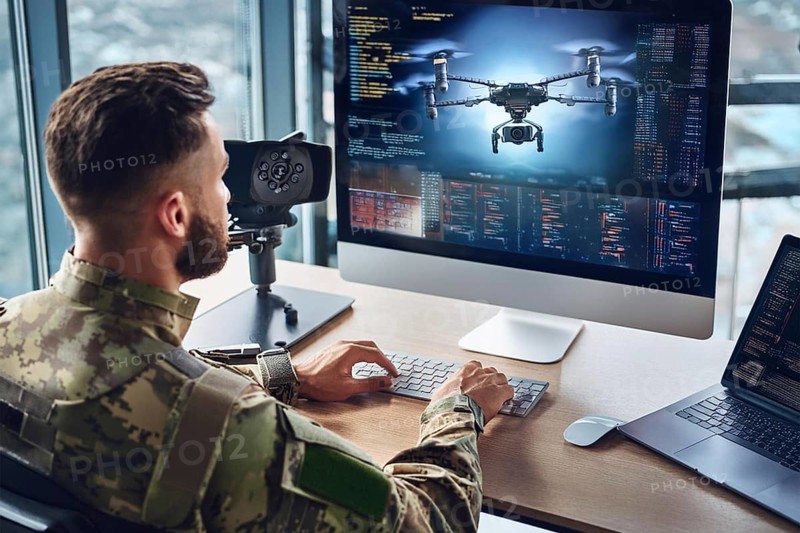 A soldier works in front of a large screen showing technical details and programming of a drone, AI generated, AI generated