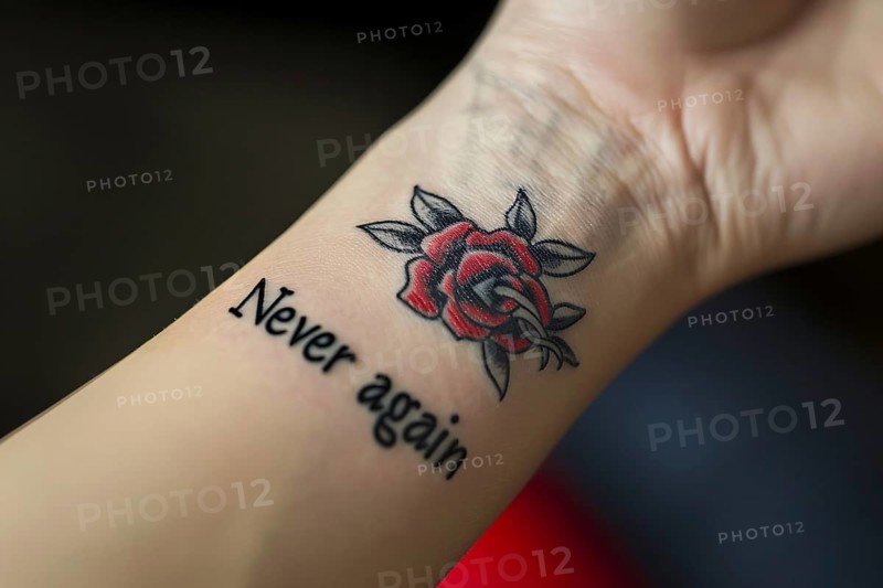 Close up of tattoo with text 'Never again' and rose on woman's arm. Generative AI, AI generated