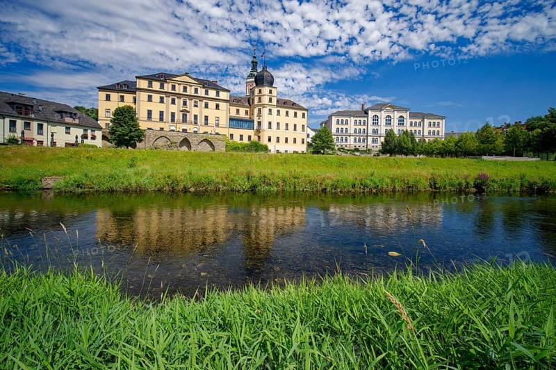 Classical Lower Castle and G. E. Lessing State School on the River Weisse Elster, residential town of Greiz, Thuringia, Germany, Europe
