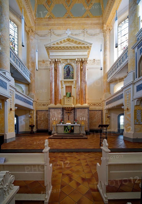 Protestant town church of St Mary with galleries and altar, interior view, residential town of Greiz, Thuringia, Germany, Europe