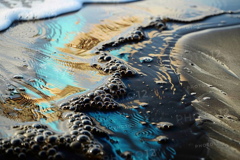 Oil layer on ocean water at beach. Generative Ai, AI generated