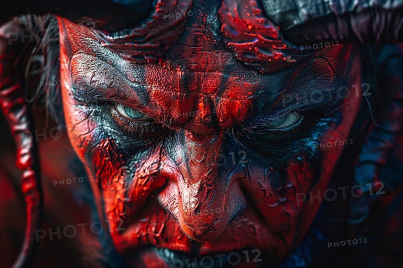 Close up of man with evil red devil Halloween makeup costume. Generative AI, AI generated