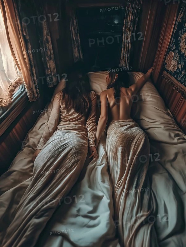 Two women sleeping closely on a bed in a cozy, warm-colored room with wooden interior and soft blankets, AI generated