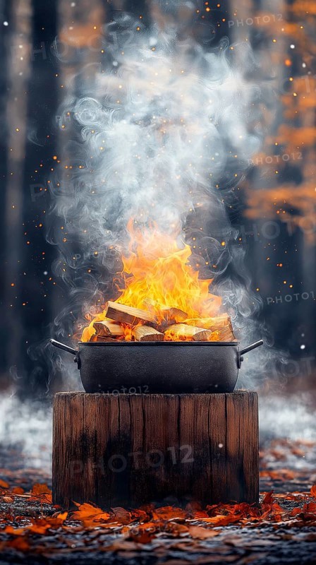 Campfire with a pot on a wooden stump in an autumn forest, with smoke rising into the twilight atmosphere, AI generated