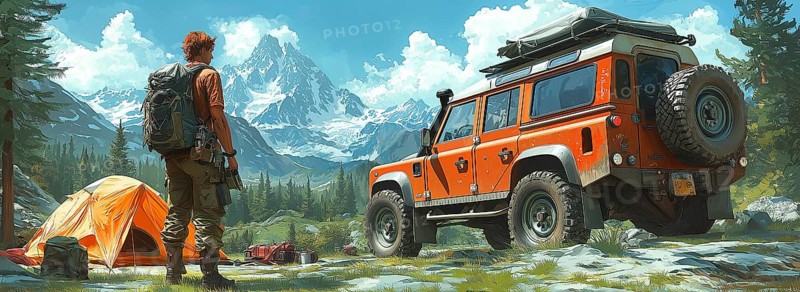 Man stands beside orange jeep and tent, overlooking mountains, embodying wilderness adventure, AI generated