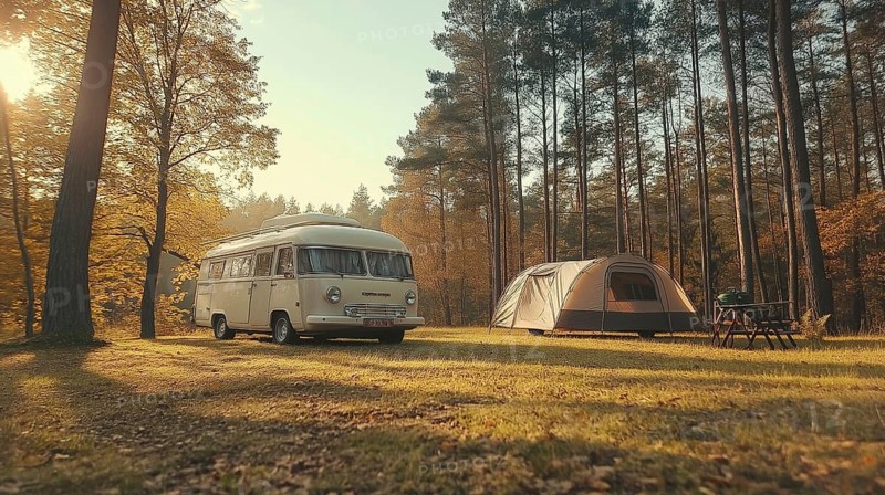 Vintage van and tent set up in a sunny morning forest for a nostalgic camping moment, AI generated