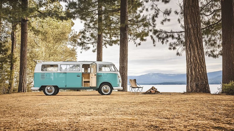 A retro camper van parked by a serene lakeside in a forest with camping chairs set up nearby, AI generated
